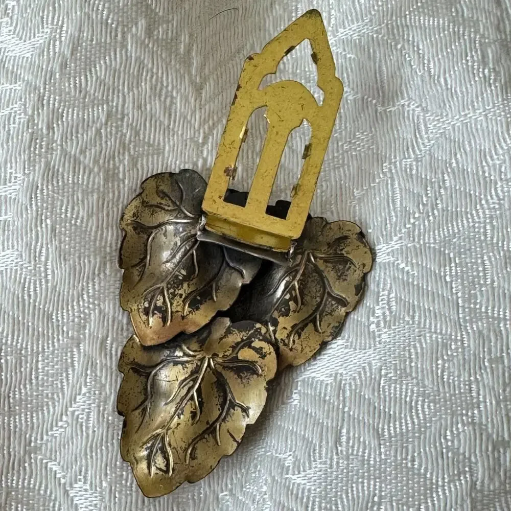 Antique Vintage Large Layered Brass Falling Leaves Fur Scarf Clip Dress Brooch